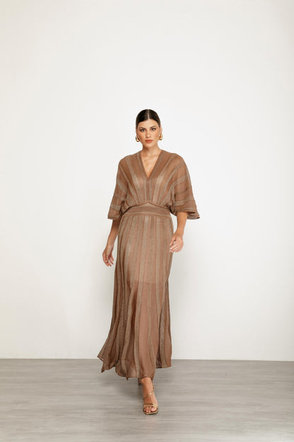 Vestido Longo Bronze Listrado em Trama Leve