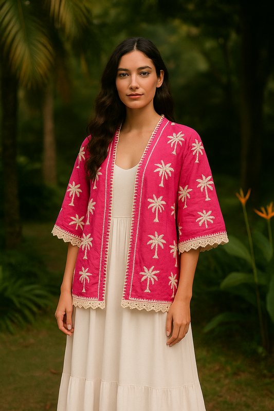 Kimono de Linho Bordado Coqueiros - Leveza tropical com toque artesanal.