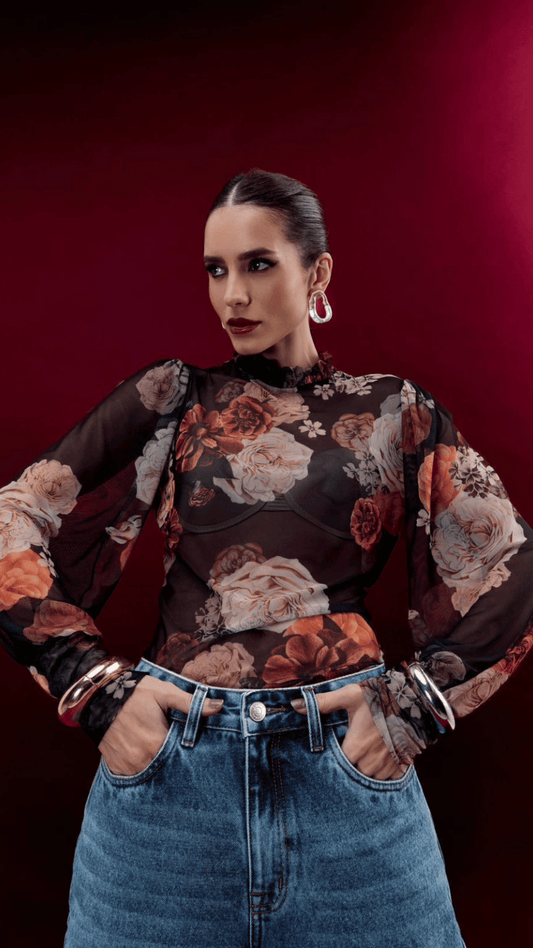 Blusa Tule Alessa Floral Adore