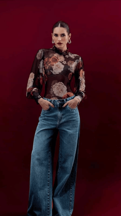 Blusa Tule Alessa Floral Adore